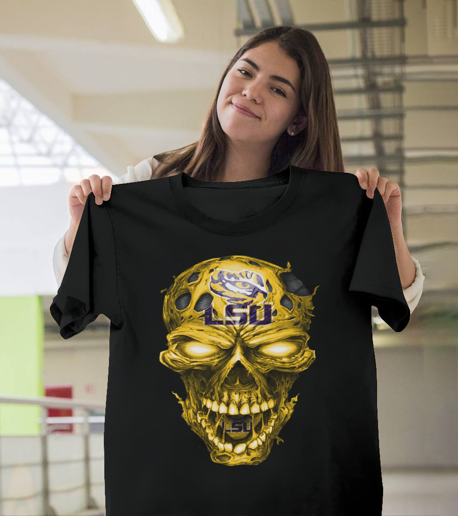 Lsu Tigers Skull Graphic With Logo And Fierce Glowing Eyes T-Shirt