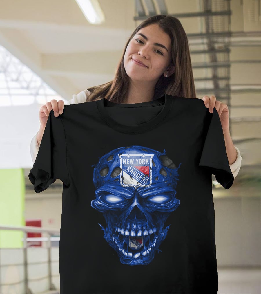 New York Rangers Skull Blue Biker Art T-Shirt