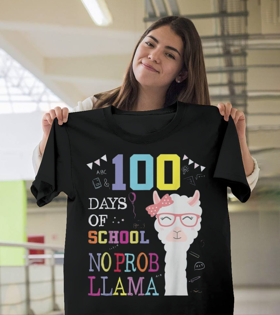 100 Days of School No Probllam Llama with Glasses and Bow T-Shirt