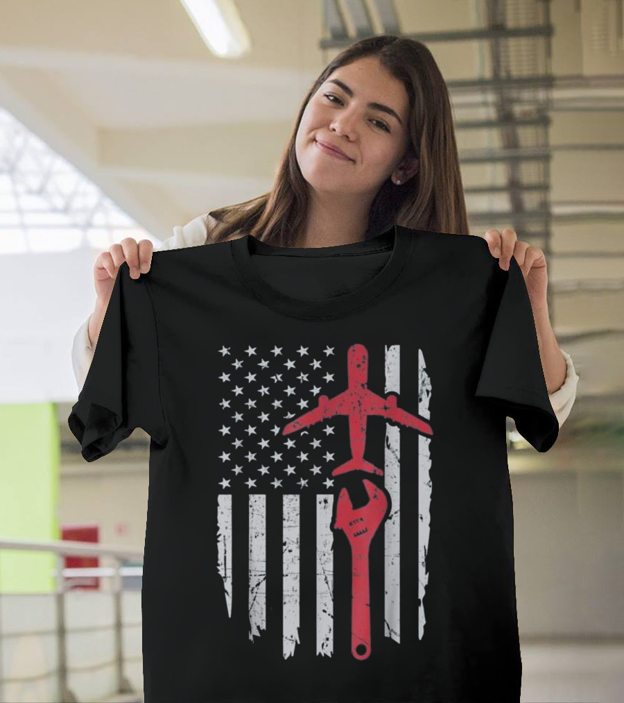 American Flag Airplane Mechanic Aviation Technician Wrench T-Shirt