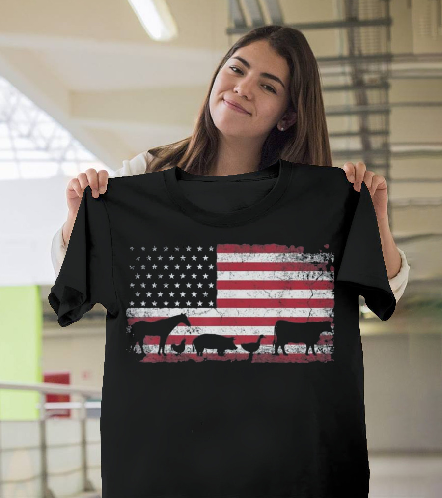 American Flag Farm Animals 4th of July Chicken Horse Cow T-Shirt