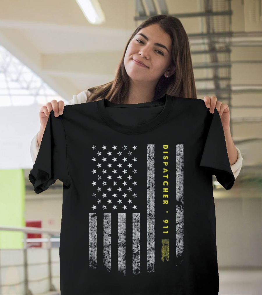 American Flag Dispatcher 911 Gold Line T-Shirt