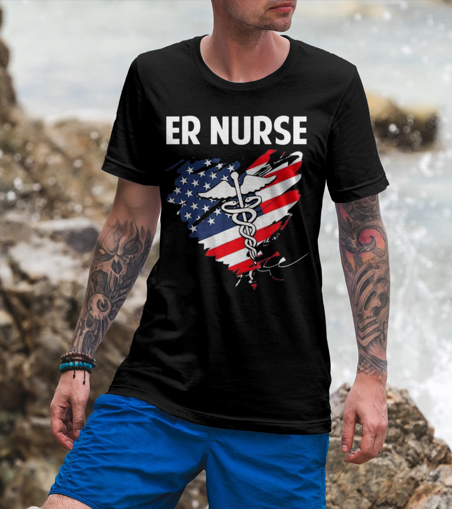 ER Nurse American Flag Caduceus Medical T-Shirt