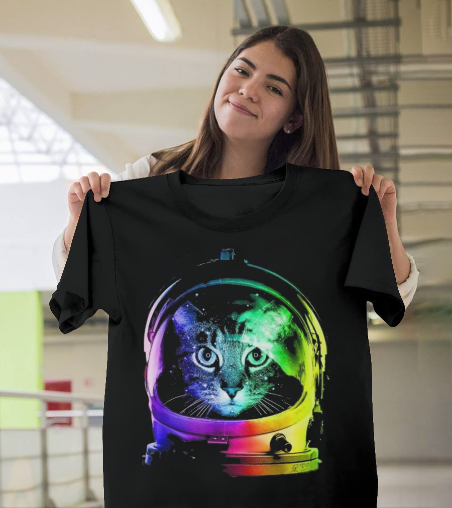 Space Cat in Astronaut Helmet with Cosmic Rainbow Colors T-Shirt