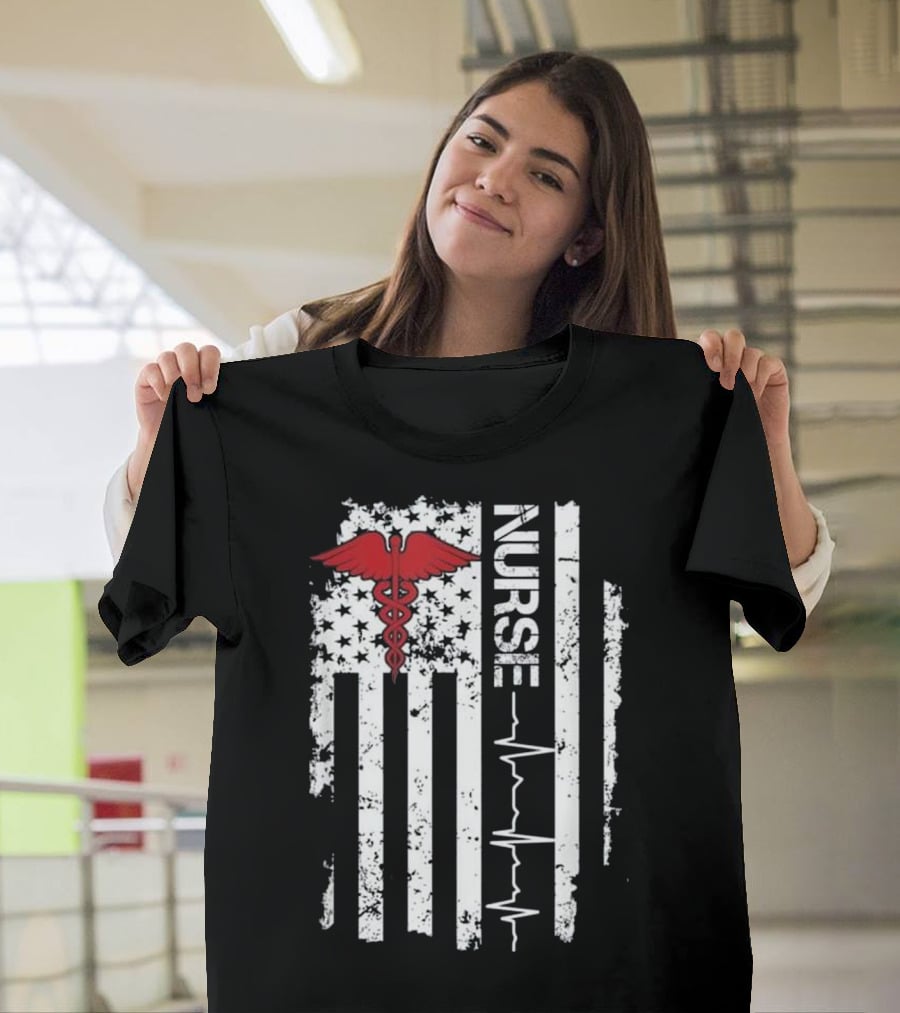Nurse Caduceus Heartbeat American Flag Stars Stripes T-Shirt
