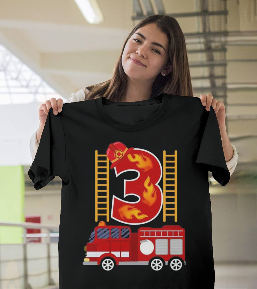 Birthday Firefighter Number 3 Fire Truck Flames Hat Ladder T-Shirt
