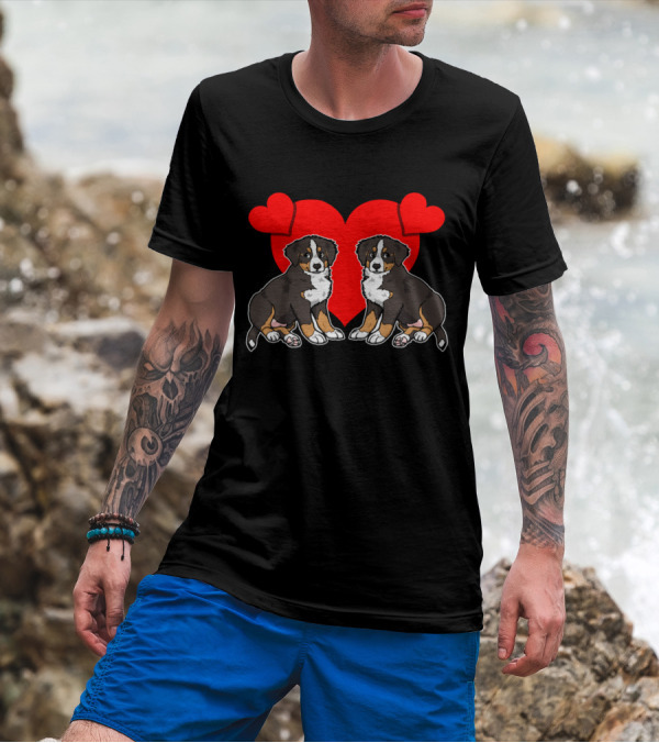 BERNESE MOUNTAIN DOG PUPPIES WITH RED HEART BACKGROUND AND TWO ADORABLE COMPANIONS T-Shirt