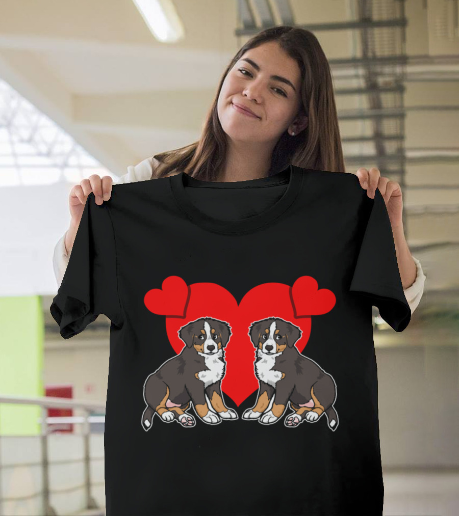 BERNESE MOUNTAIN DOG PUPPIES WITH RED HEART BACKGROUND AND TWO ADORABLE COMPANIONS T-Shirt