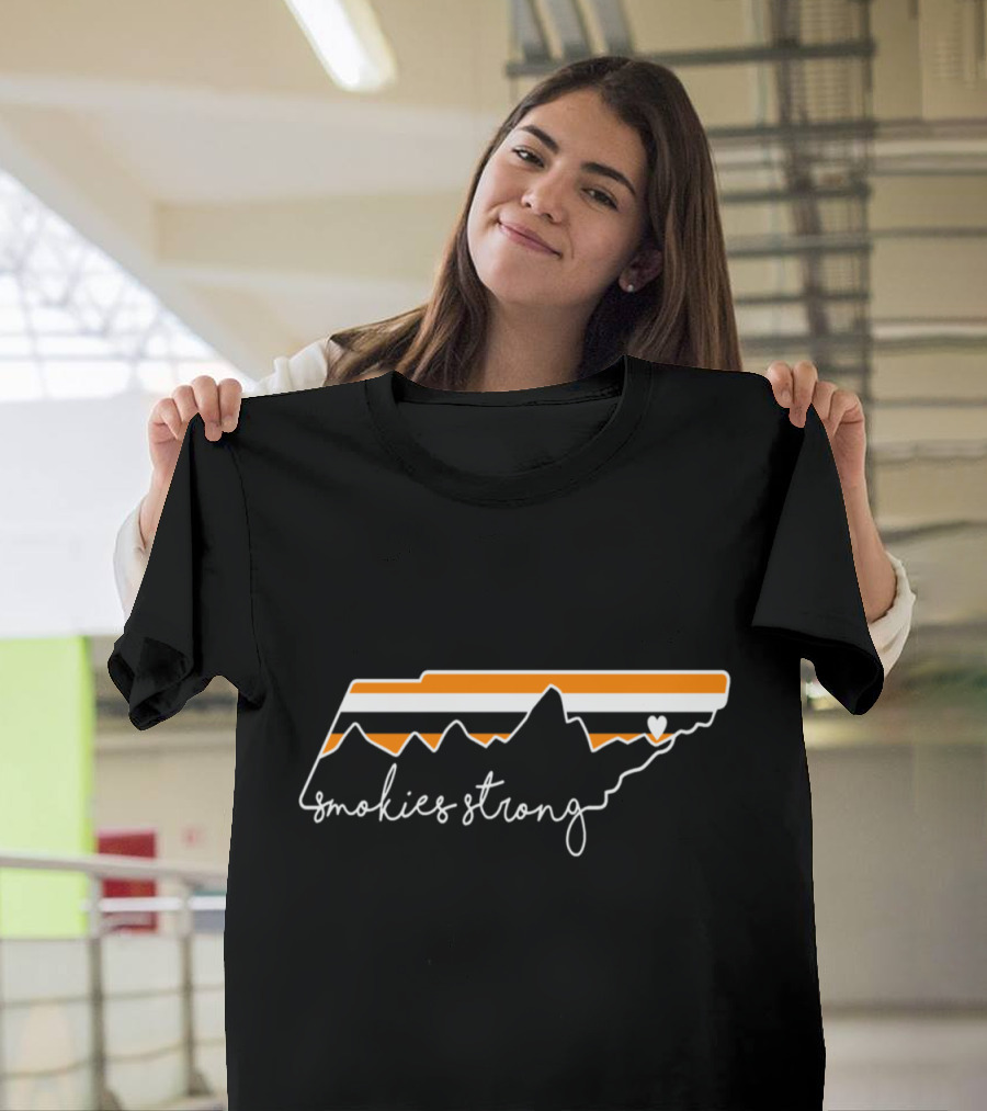 Smokies Strong Tennessee Map Outline with Mountain Stripes and Heart T-Shirt