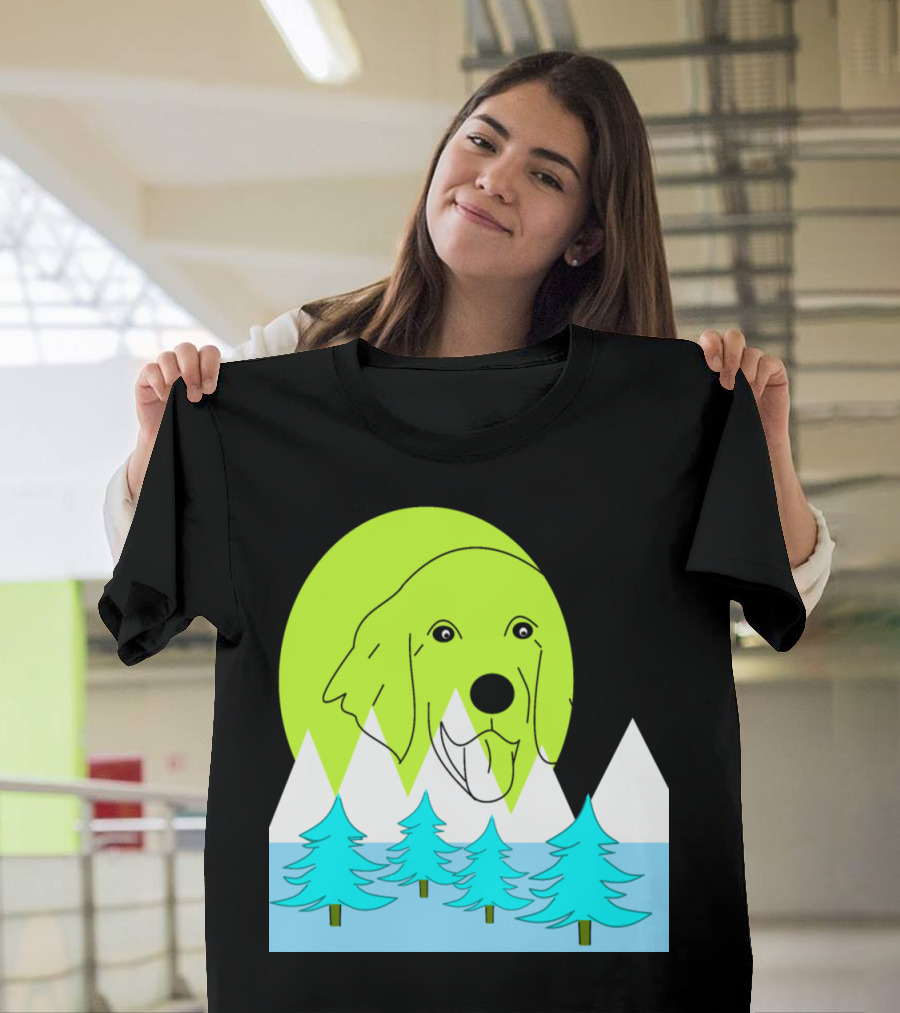 Golden Retriever Over Snowy Mountain Pines and Bright Green Moon T-Shirt