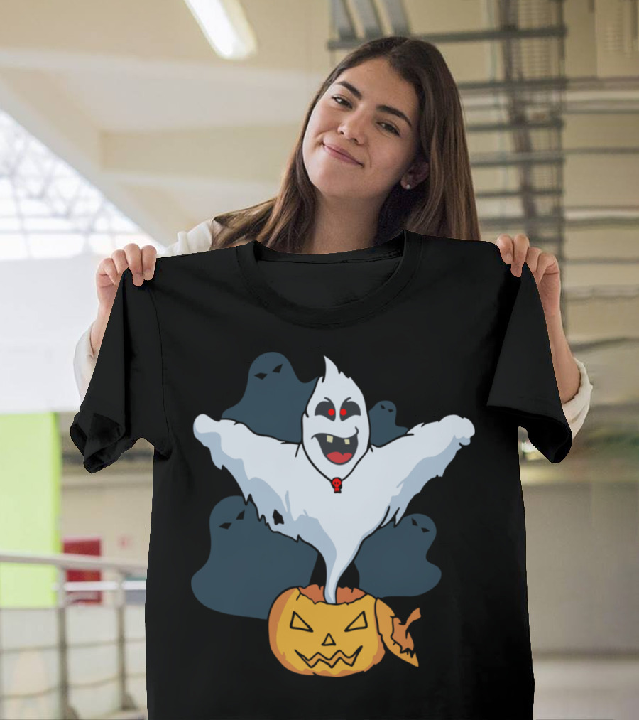 Ghost Emerging from Pumpkin Surrounded by Dark Shadows T-Shirt