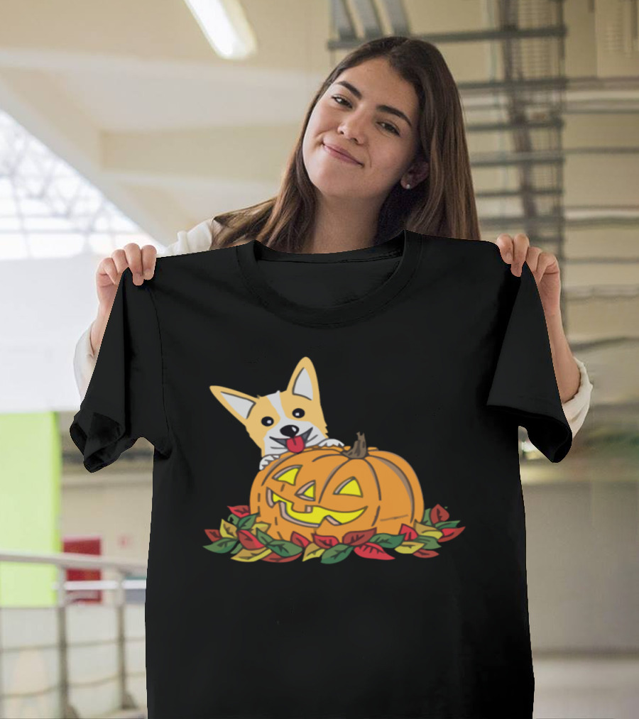 Corgi Puppy with Jack-O'-Lantern and Autumn Leaves T-Shirt