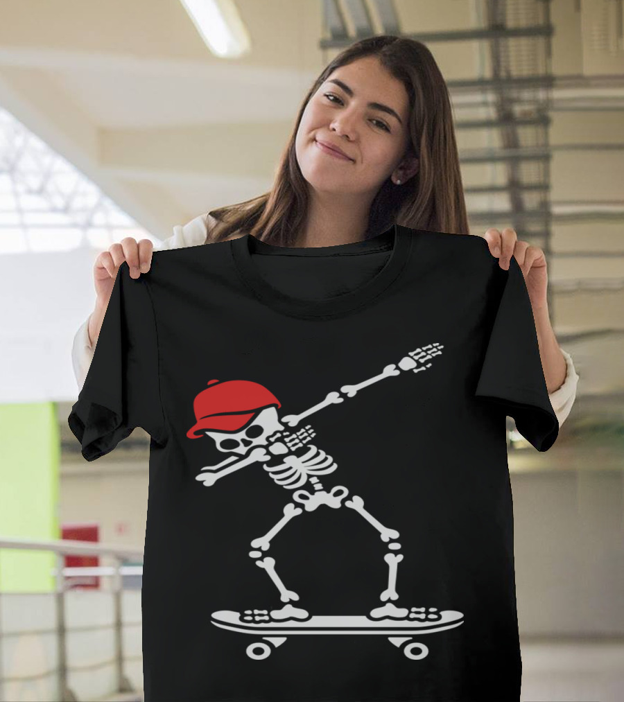 Dabbing Skeleton in Red Cap on Skateboard Skater Pose T-Shirt