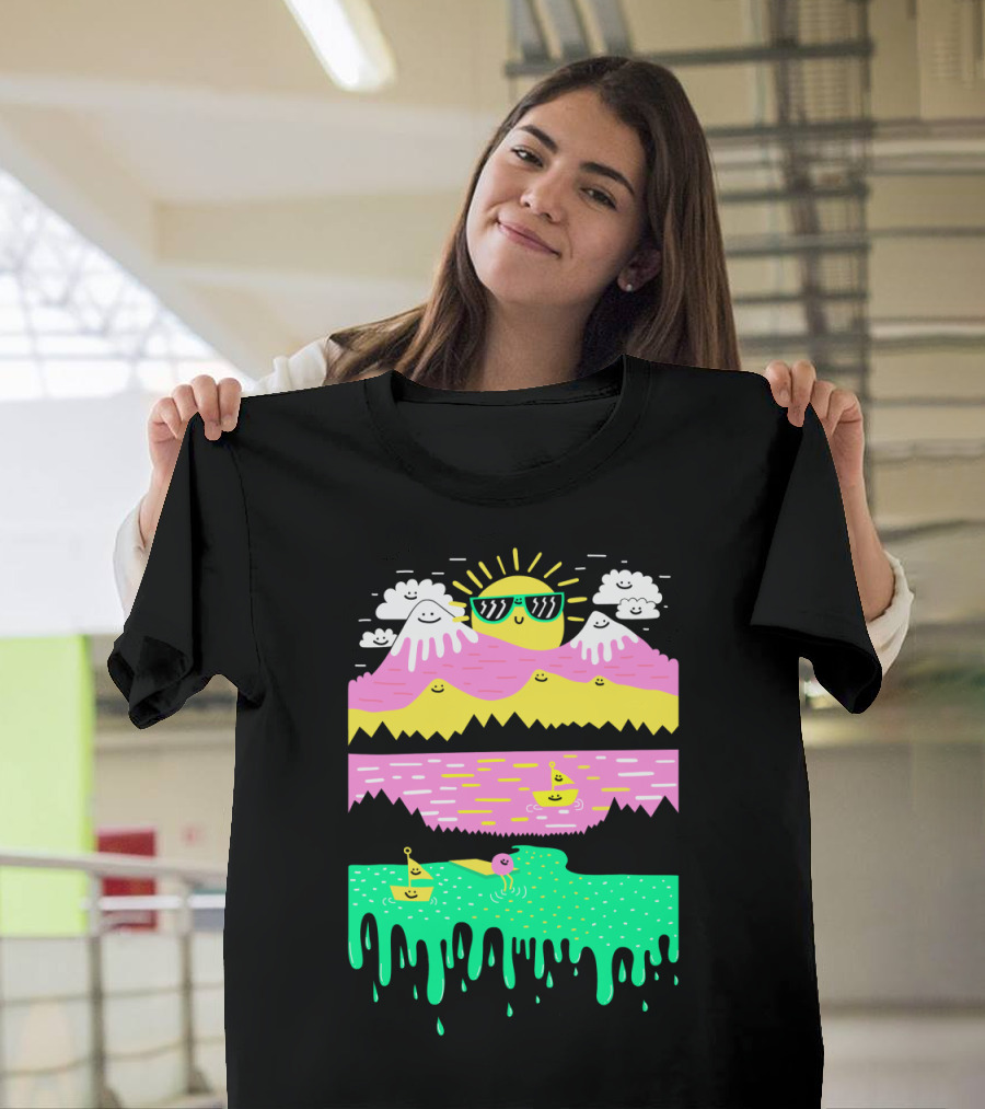 Smiley Sun Over Happy Mountain and Rainbow Dripping Lake with Sailboats T-Shirt
