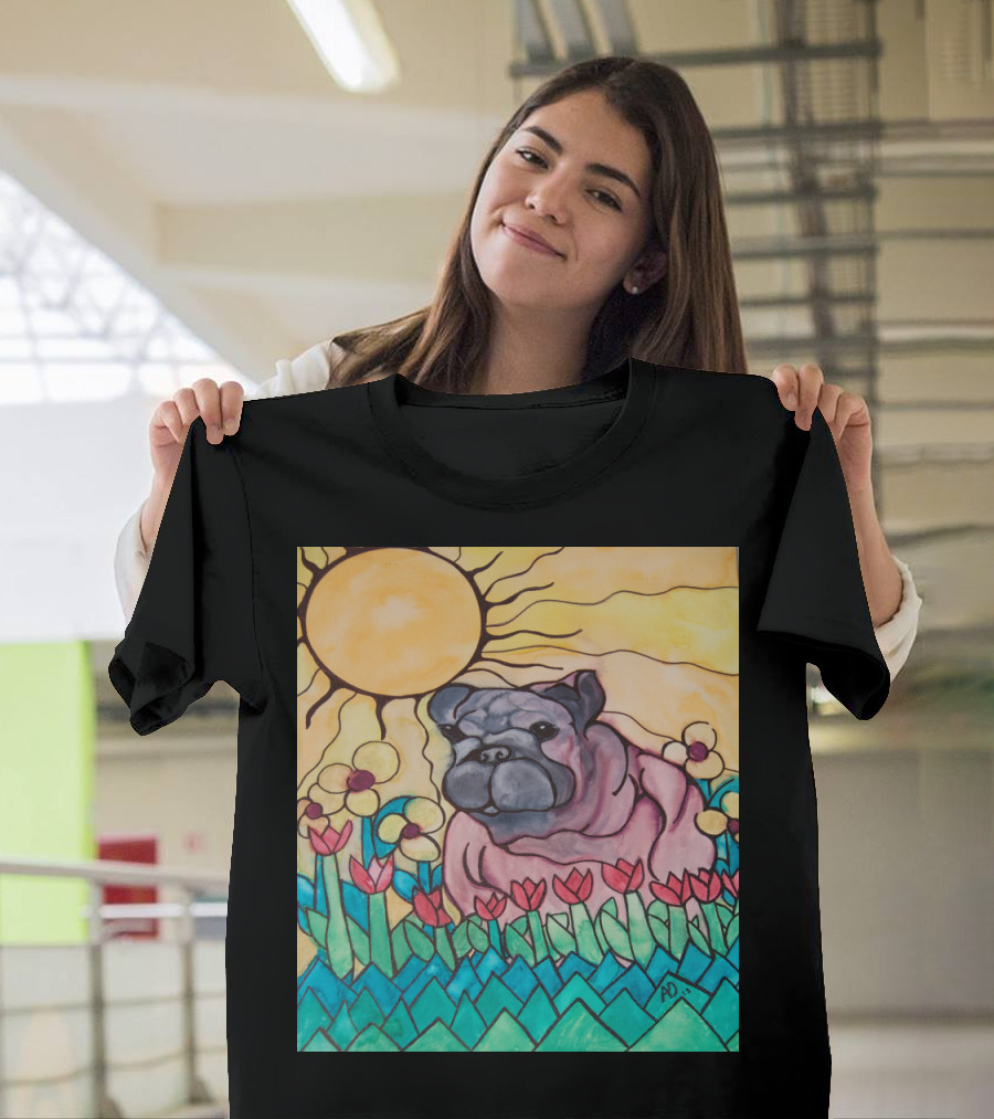 Cheerful Bulldog Among Flowers and Sunburst Landscape T-Shirt