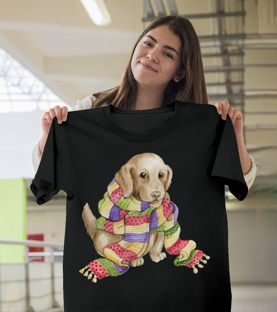 Cozy Snuggle Pup Wrapped in Colorful Patchwork Scarf T-Shirt