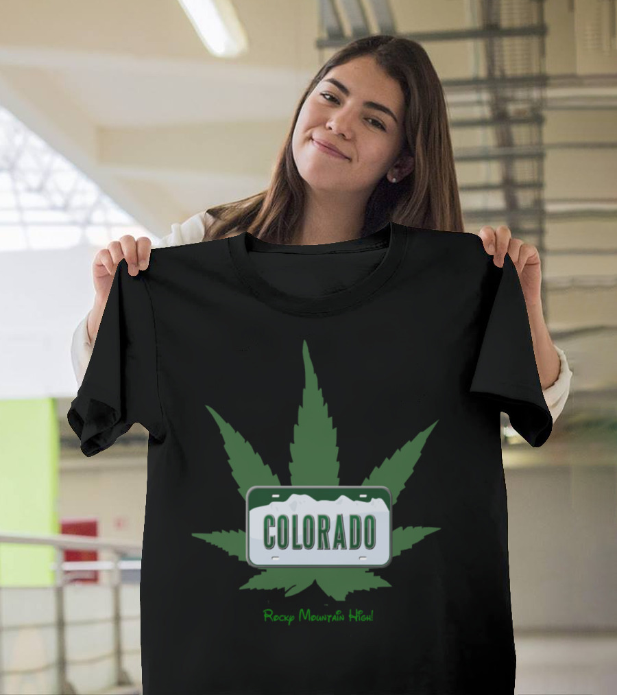 Colorado Rocky Mountain High with Cannabis Leaf License Plate T-Shirt