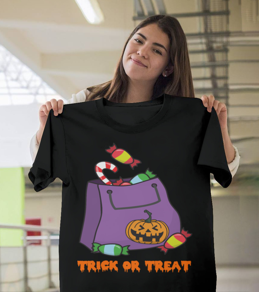 Trick or Treat Halloween Candy Bag with Pumpkin and Zombie Horror T-Shirt