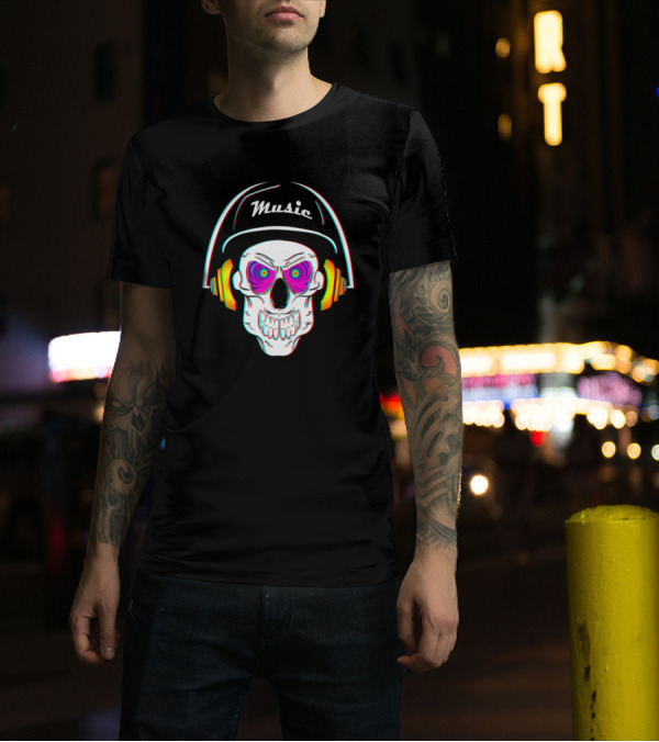 3D Skeleton Skull Headphone Music With Cap T-Shirt