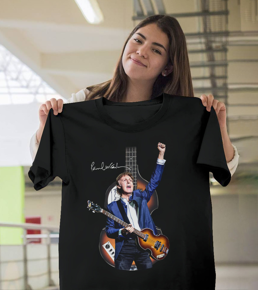 Paul McCartney Signature Bass Guitar Iconic Imagery With Raised Fist T-Shirt