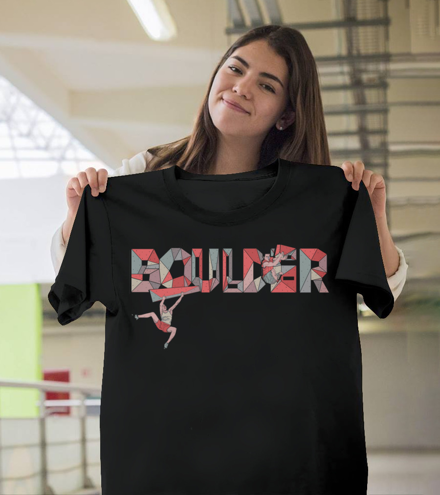 Boulder Climbing with Geometric Red Patterns and Enthusiastic Climbers T-Shirt