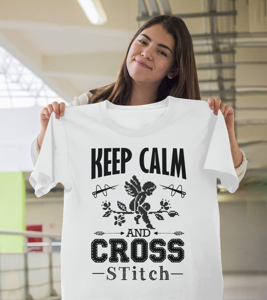 Keep Calm and Cross Stitch Angel with Floral T-Shirt