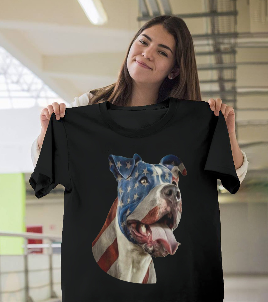 Patriotic Pitbull with American Flag Tattoo Theme I Love My Pitbull T-Shirt