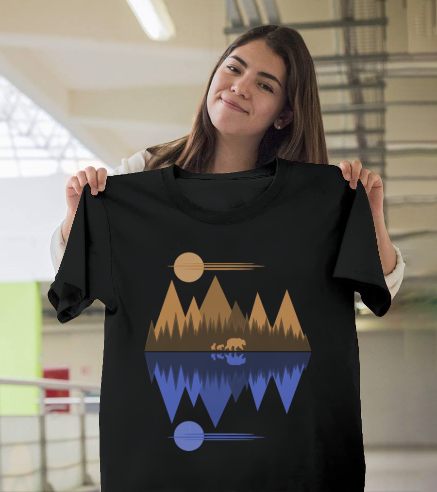 Bear and Cubs Mountain Reflection with Dual Sun and Moon Elements T-Shirt