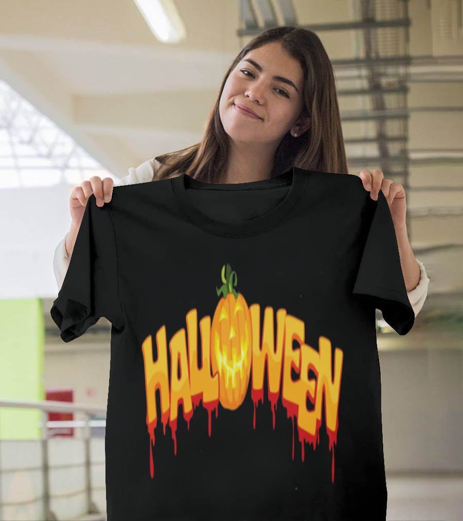 Halloween Pumpkin Dripping Text T-Shirt