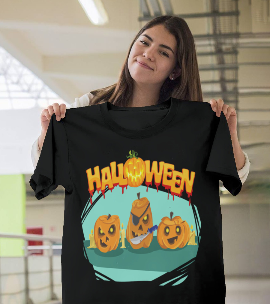 Halloween Evil Pumpkins with Knife and Eyepatch T-Shirt