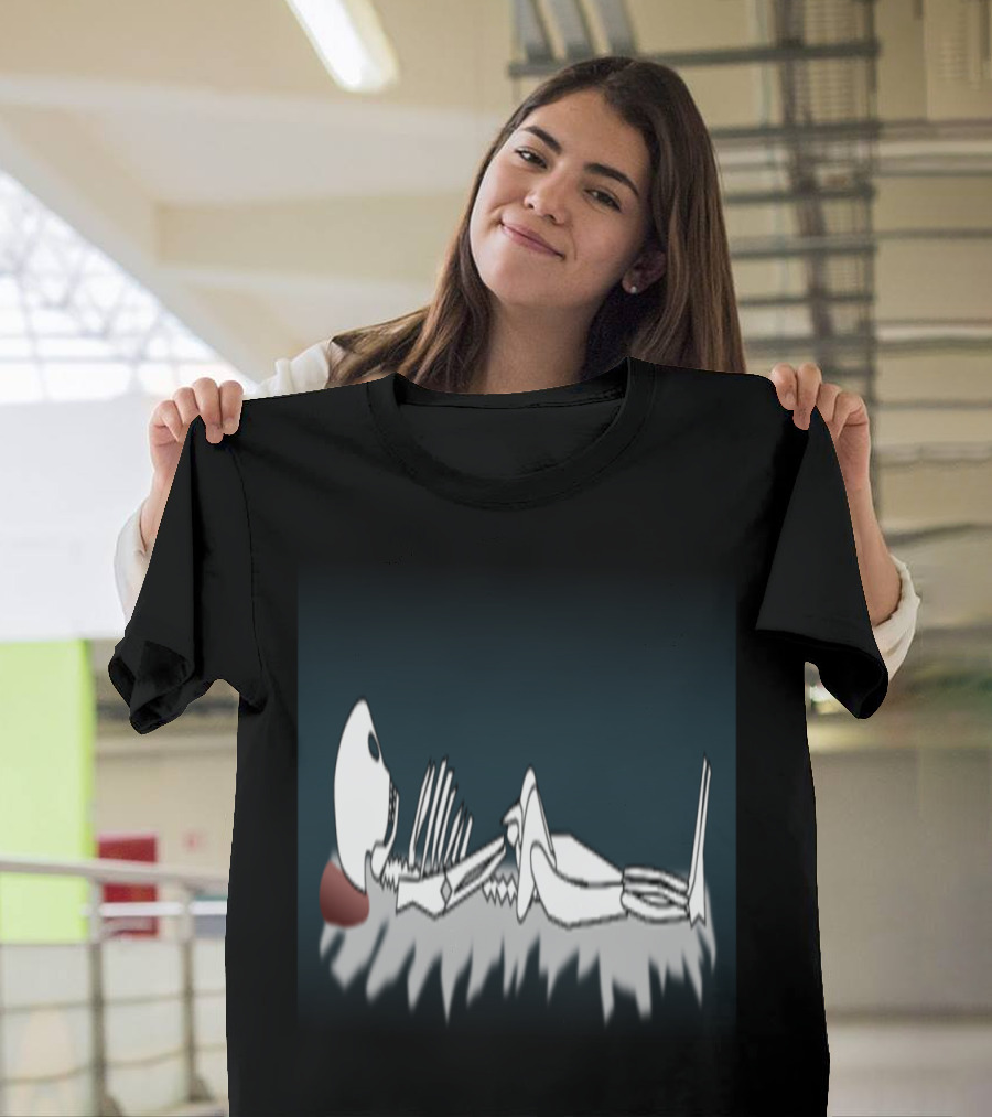 Skeleton Resting in Coffin Shrouded in Shadows T-Shirt