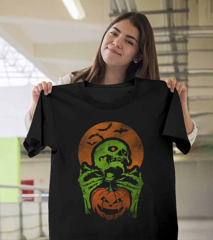 Halloween Skeleton with Bats and Pumpkin Under Full Moon Orange and Green T-Shirt