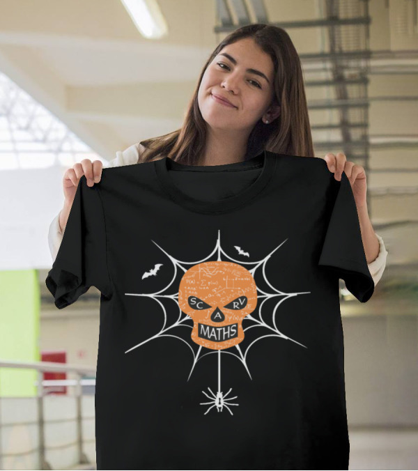Scary Maths Halloween Spider Web Skeleton With Bats And Equations T-Shirt