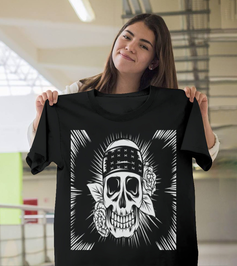 Skeleton with Bandana and Roses Lino Cut T-Shirt