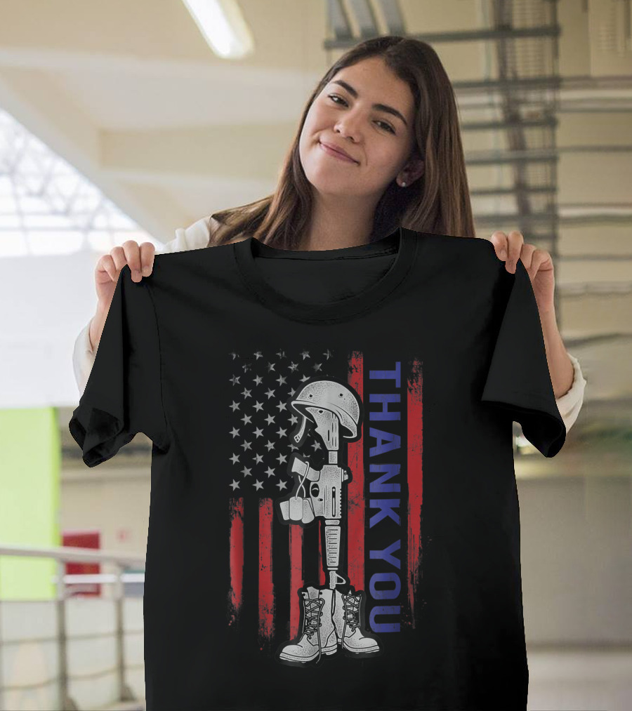 Thank You Distressed Memorial Day Flag Military Boots Dog Tags T-Shirt