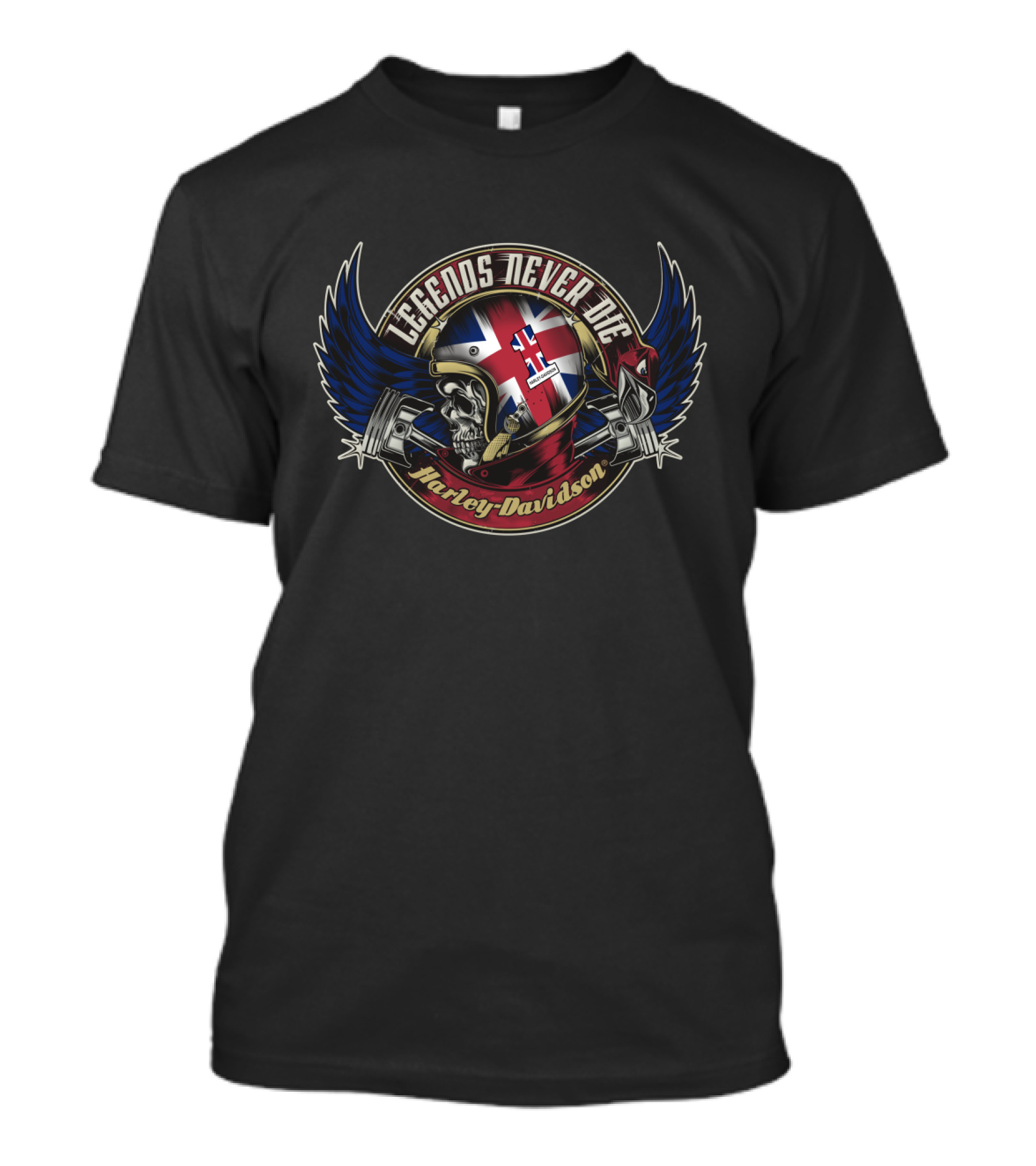 Legends Never Die Harley Davidson United Kingdom Flag Skull T-Shirt