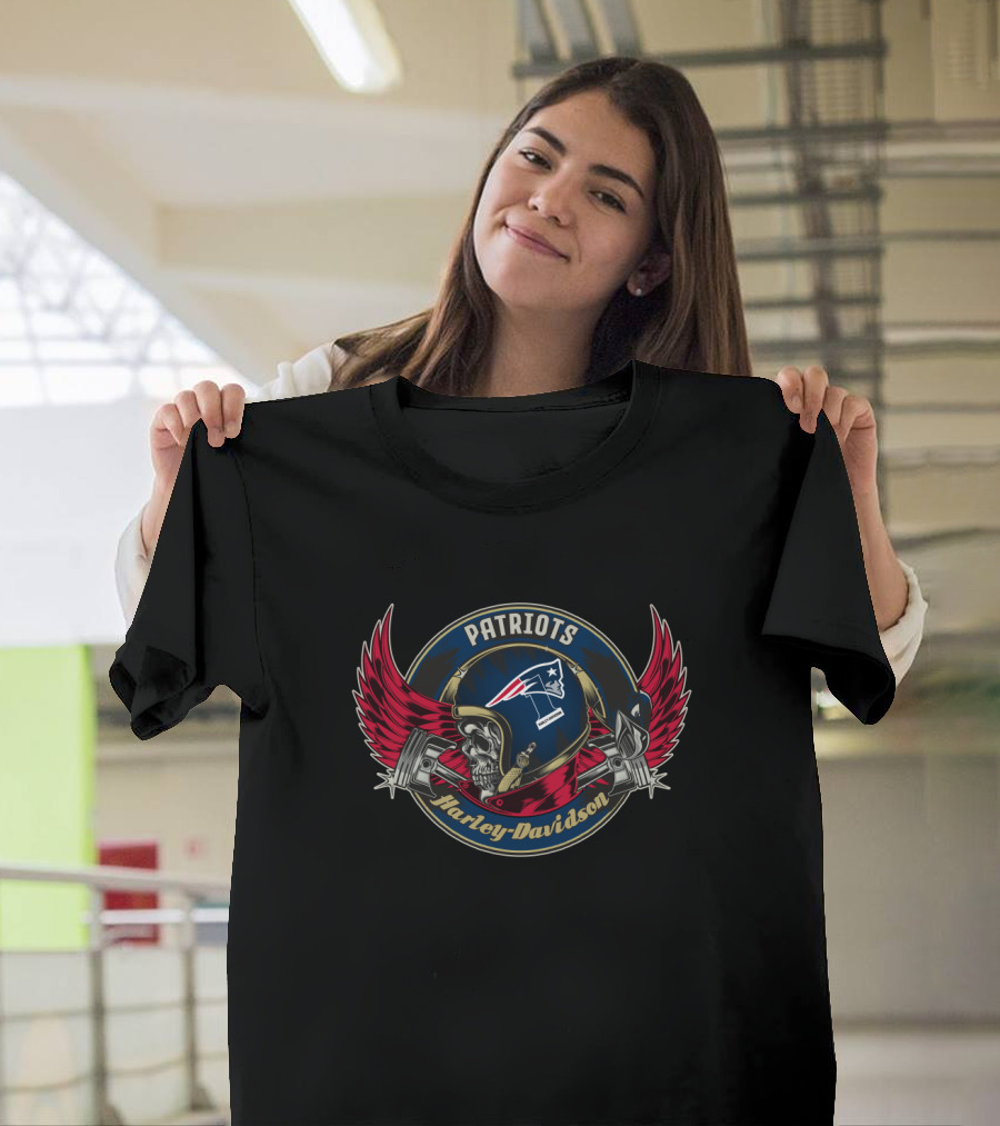 Patriots Harley Davidson Skull Helmet Wings T-Shirt