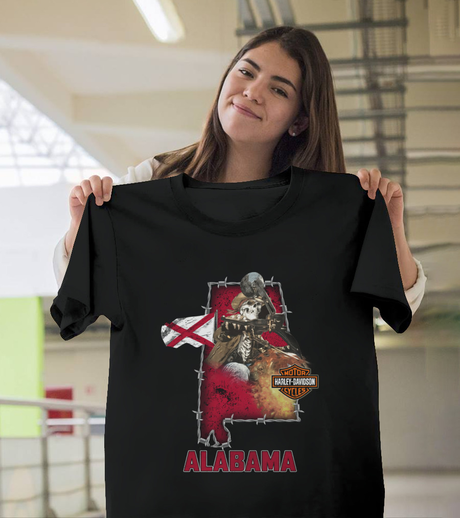 Alabama Harley Davidson Motorcycles Skeleton With Flag And Barbed Wire T-Shirt