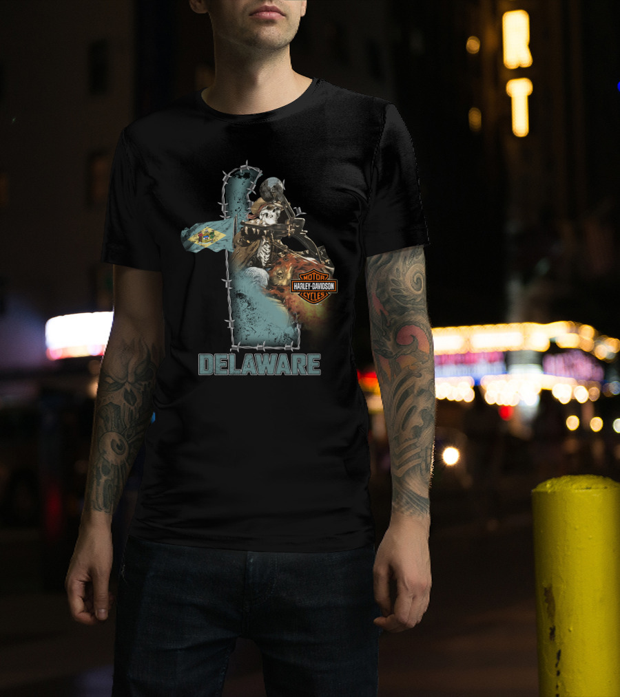 Delaware Harley Davidson Motorcycles Skeleton And Flag T-Shirt