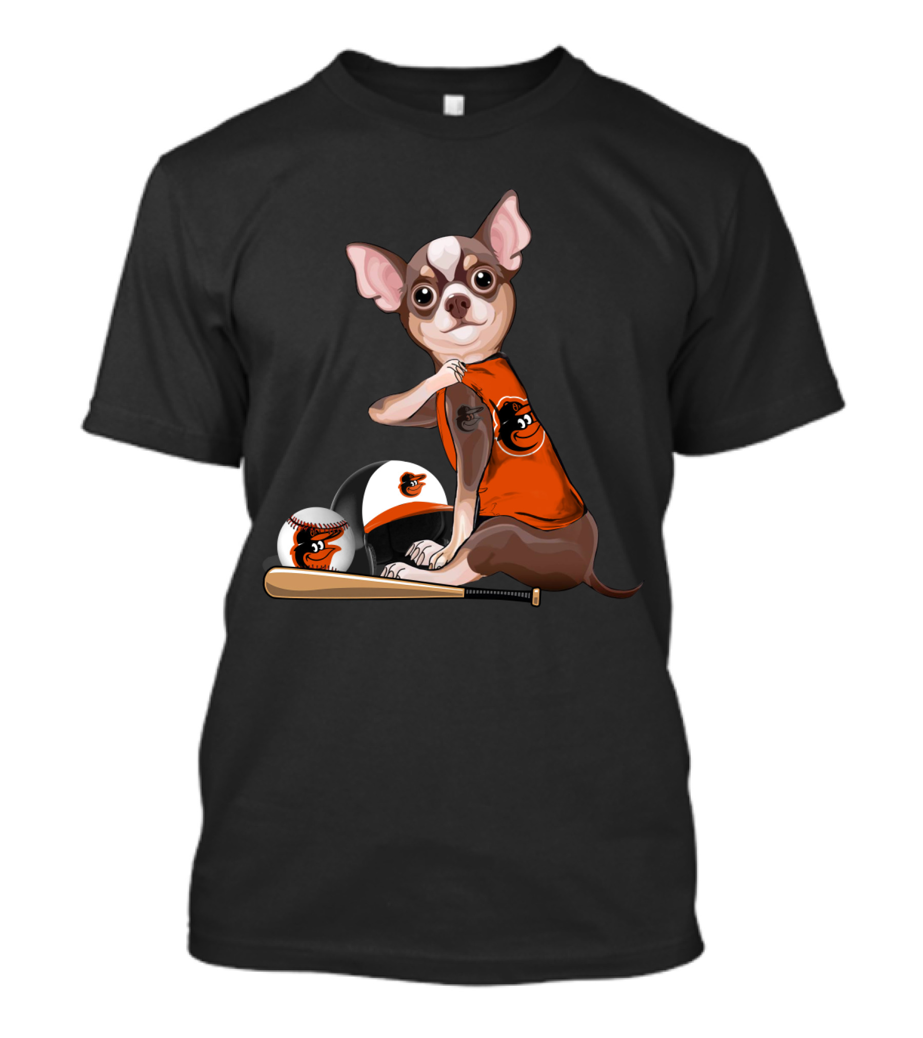 Baltimore Orioles Chihuahua Baseball Fan With Bat And Helmet T-Shirt