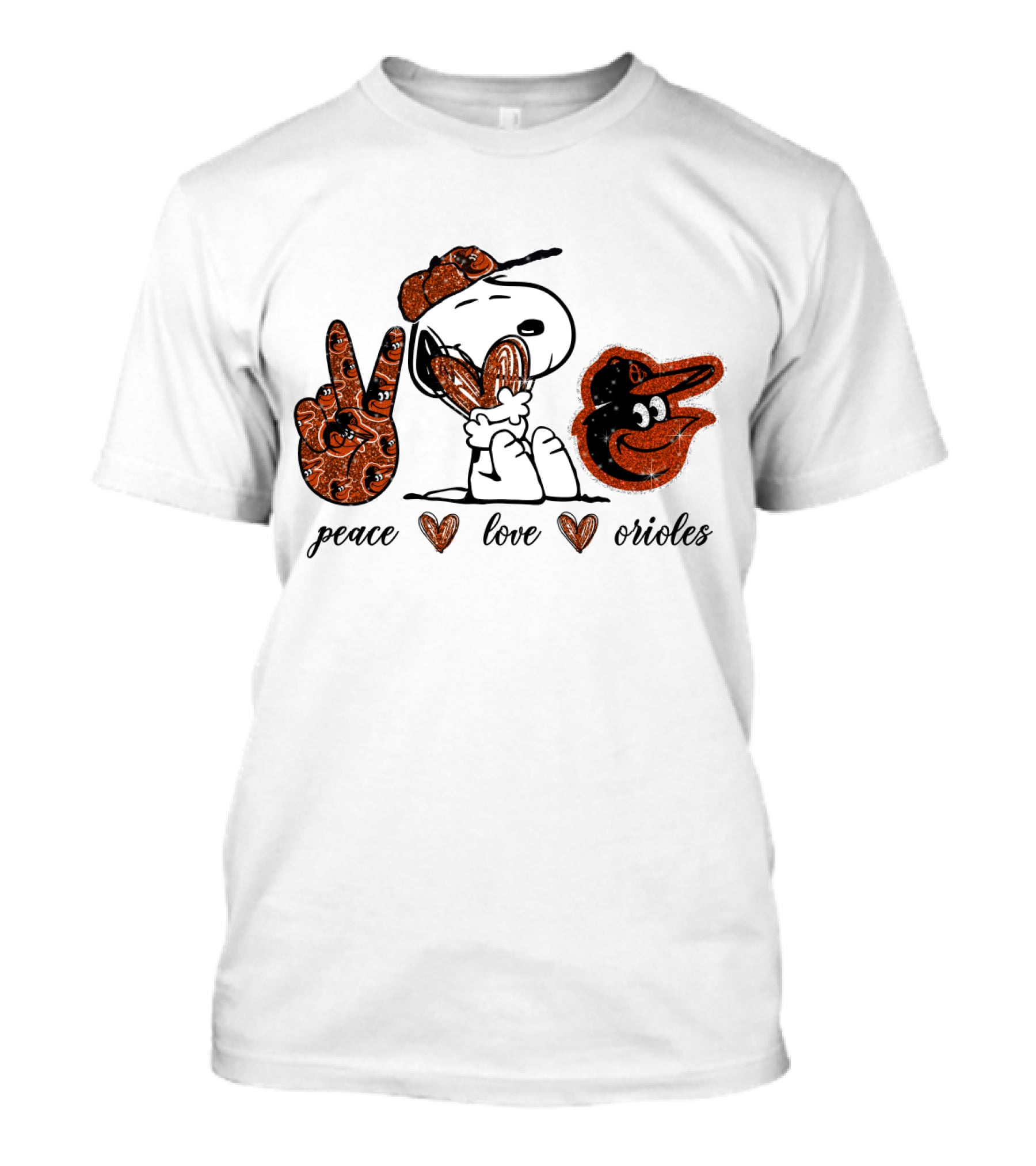 Peace Love Baltimore Orioles Snoopy Baseball Mascot T-Shirt