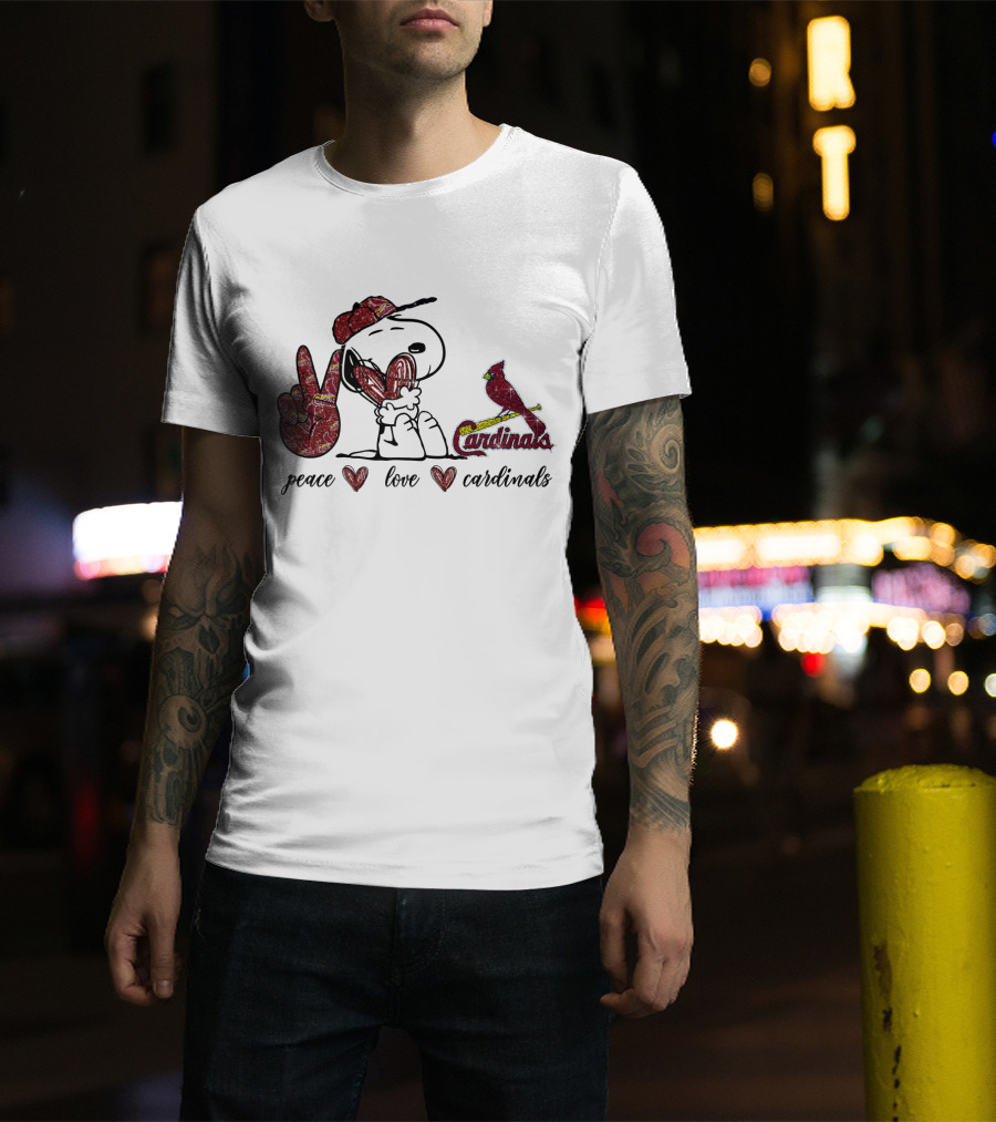 Peace Love Cardinals Snoopy Wearing Cardinals Hat T-Shirt
