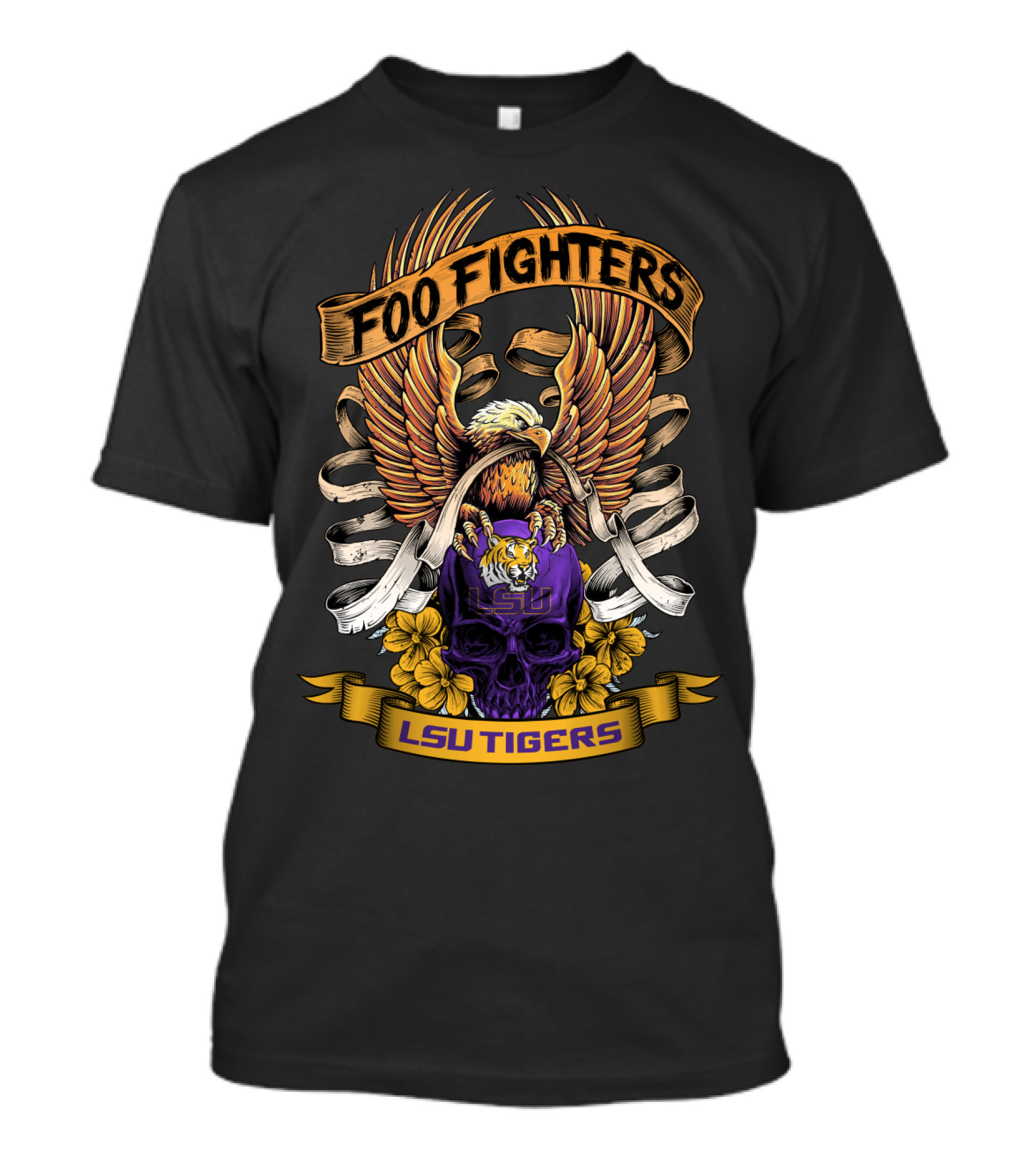 Foo Fighters Lsu Tigers Eagle Skull Floral Banner T-Shirt