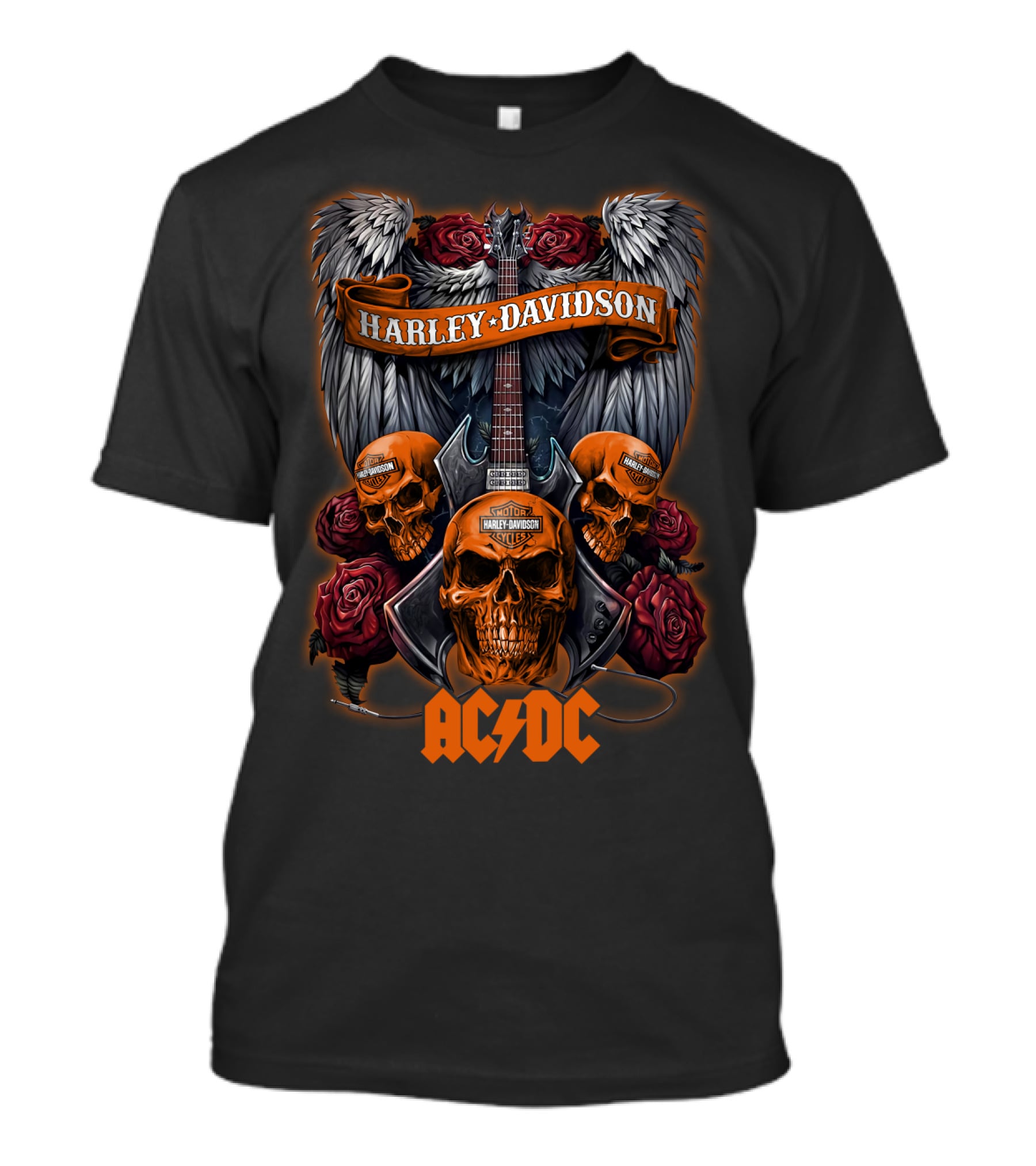 Harley Davidson Skulls Guitar Acdc Wings Roses T-Shirt
