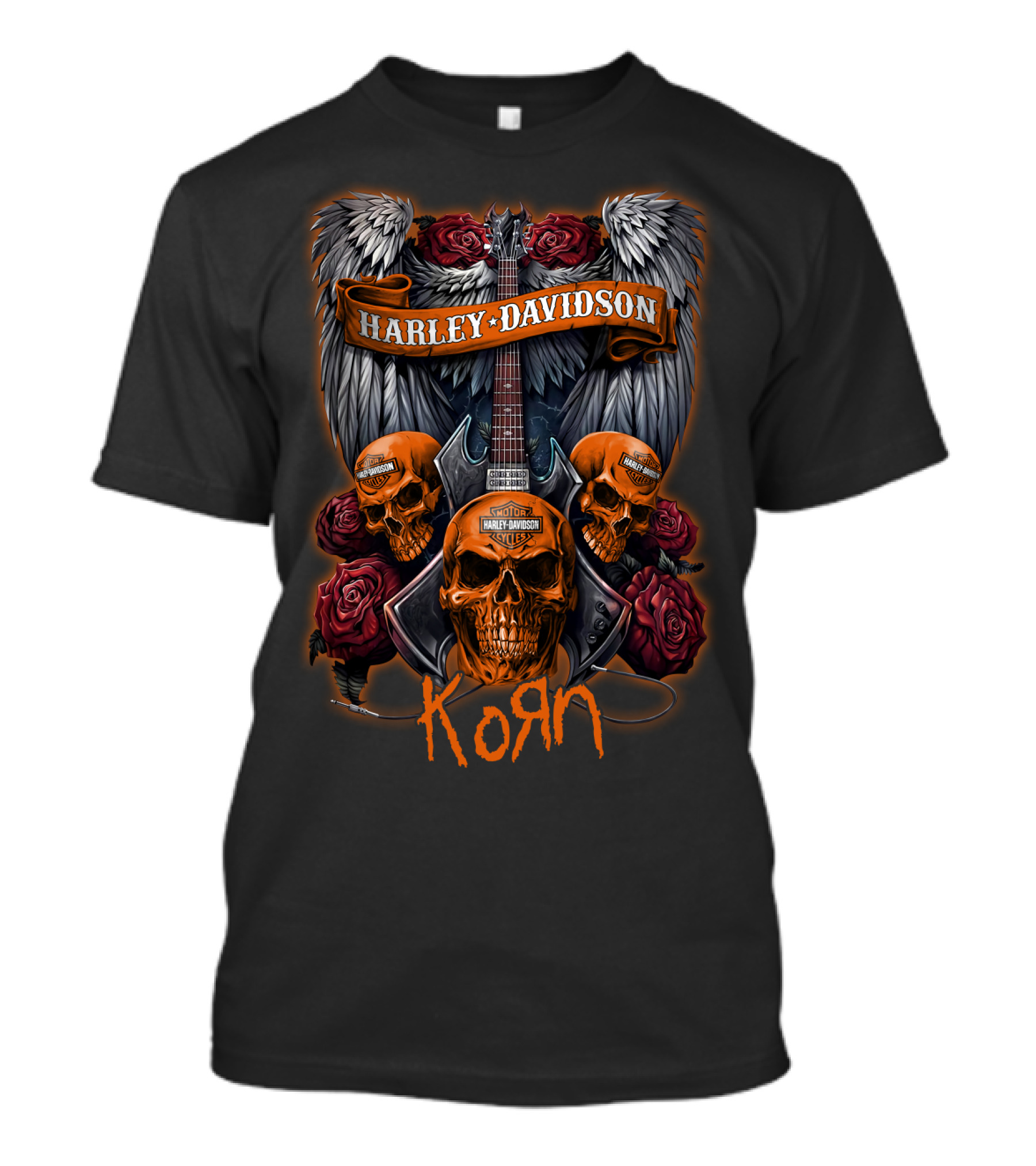 Korn Harley Davidson Skull Wings Guitar Roses T-Shirt