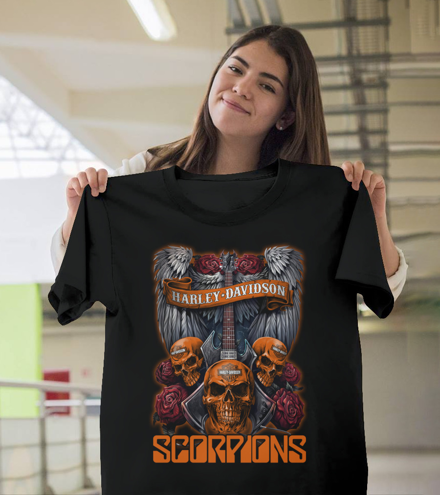 Scorpions Harley Davidson Skull Wings Roses T-Shirt