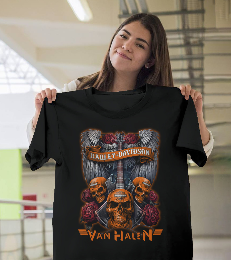 Van Halen Harley Davidson Guitar And Skulls T-Shirt