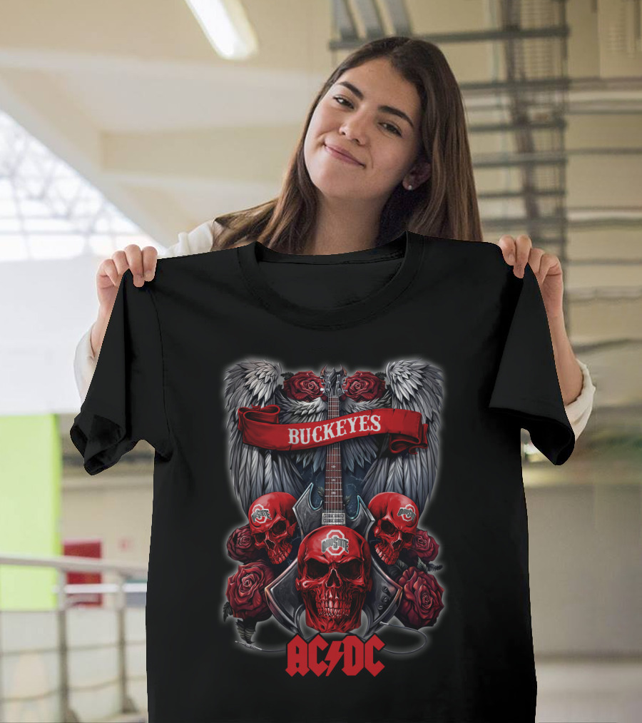 Ohio State Buckeyes ACDC Skull Wings Roses Guitar T-Shirt