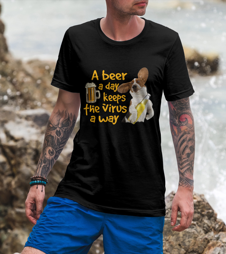 A Beer A Day Keeps The Virus Away Basset Hound Holding Beer T-Shirt