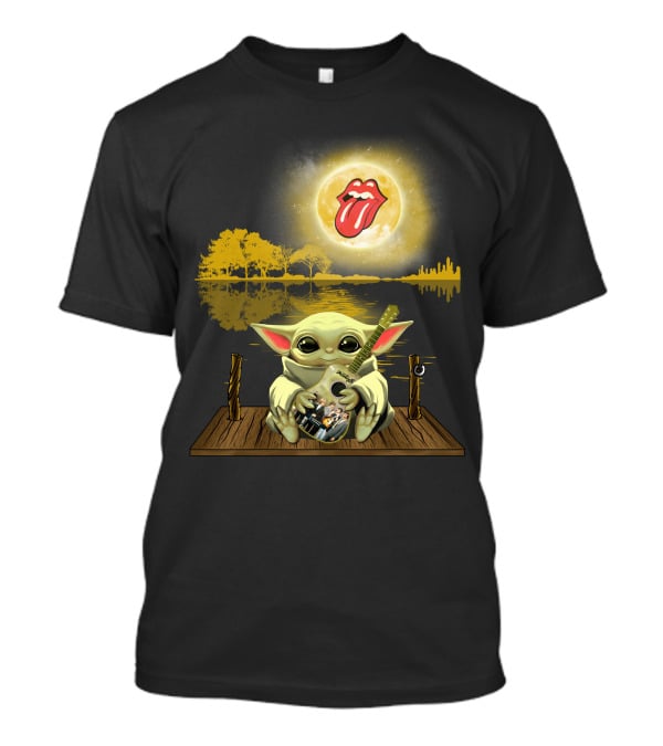 The Rolling Stones Tongue Logo And Baby Yoda With Guitar Under Moonlit Sky Trees And Lake Reflection T-Shirt